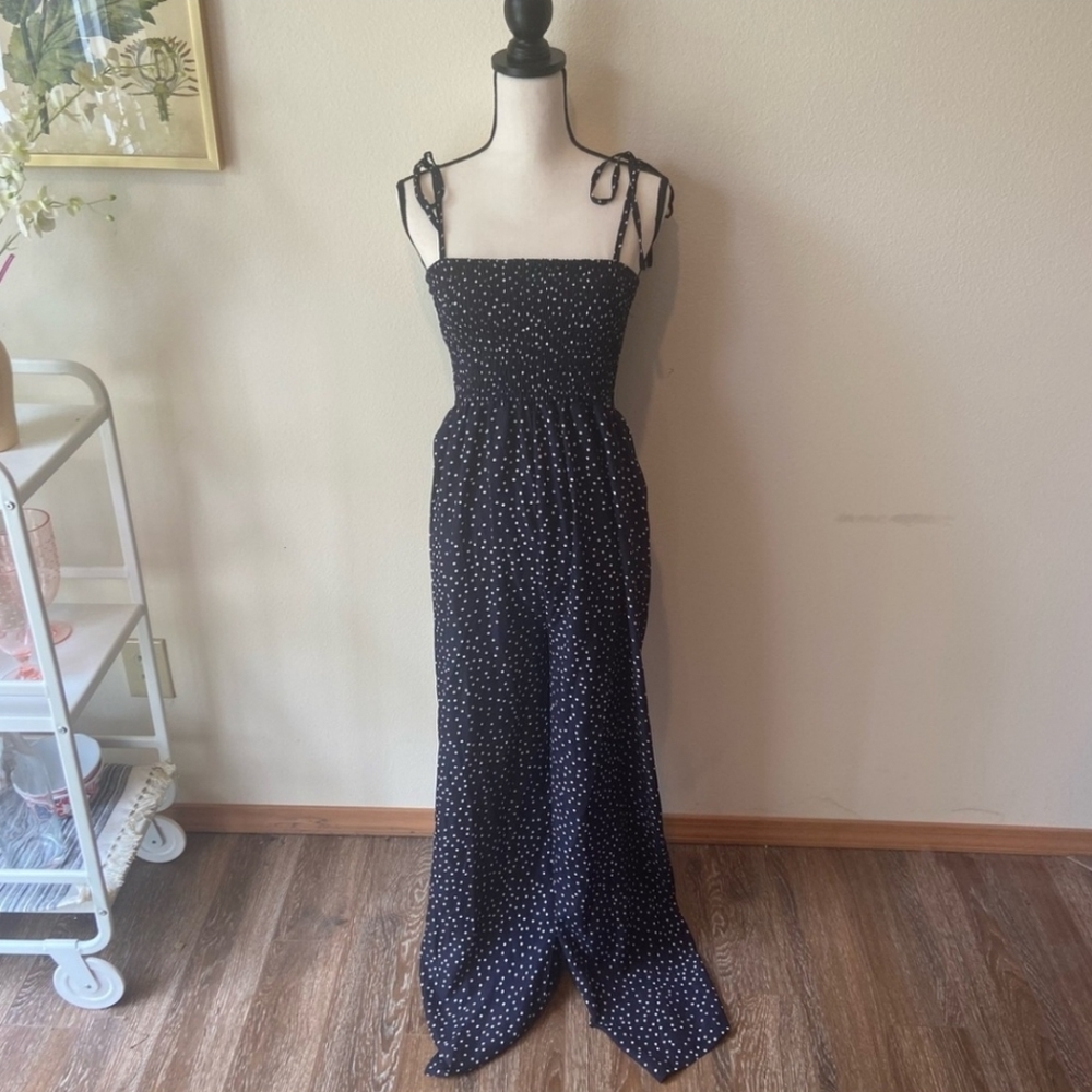 Polka Dot Tie Strap High Waist Smocked Top Jumpsuit